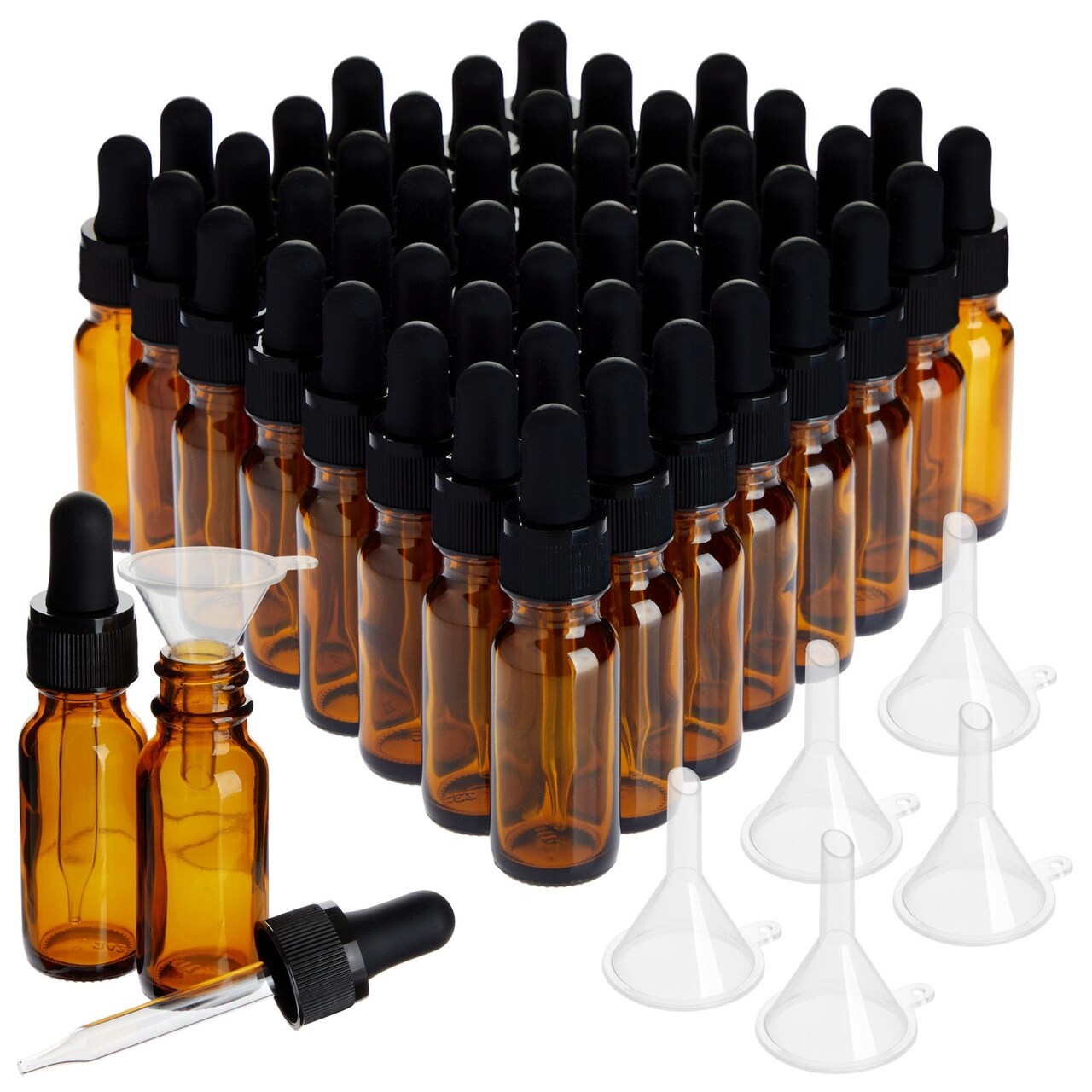 48 Pack .5 oz Amber Glass Bottles with Dropper Dispenser and 6 Funnels for Essential Oils, Aromatherapy, Liquids (54 Total Pieces, 15ml)